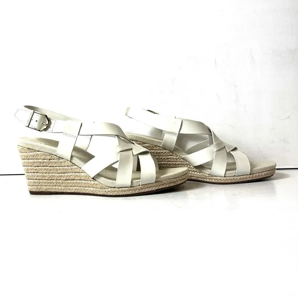 Cole Haan Womens Sz 9.5 B Wedge White Leather Espadrille Sling Back Open Toe NEW